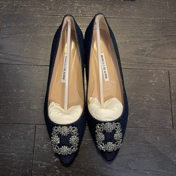 NEW Manolo Blahnik Hangishi Flat Denim Shoes blue jeans fabric Size US 9/ 39 - Picture 7 of 10